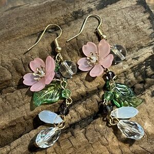 Floral Pink and Green Dangle Earrings